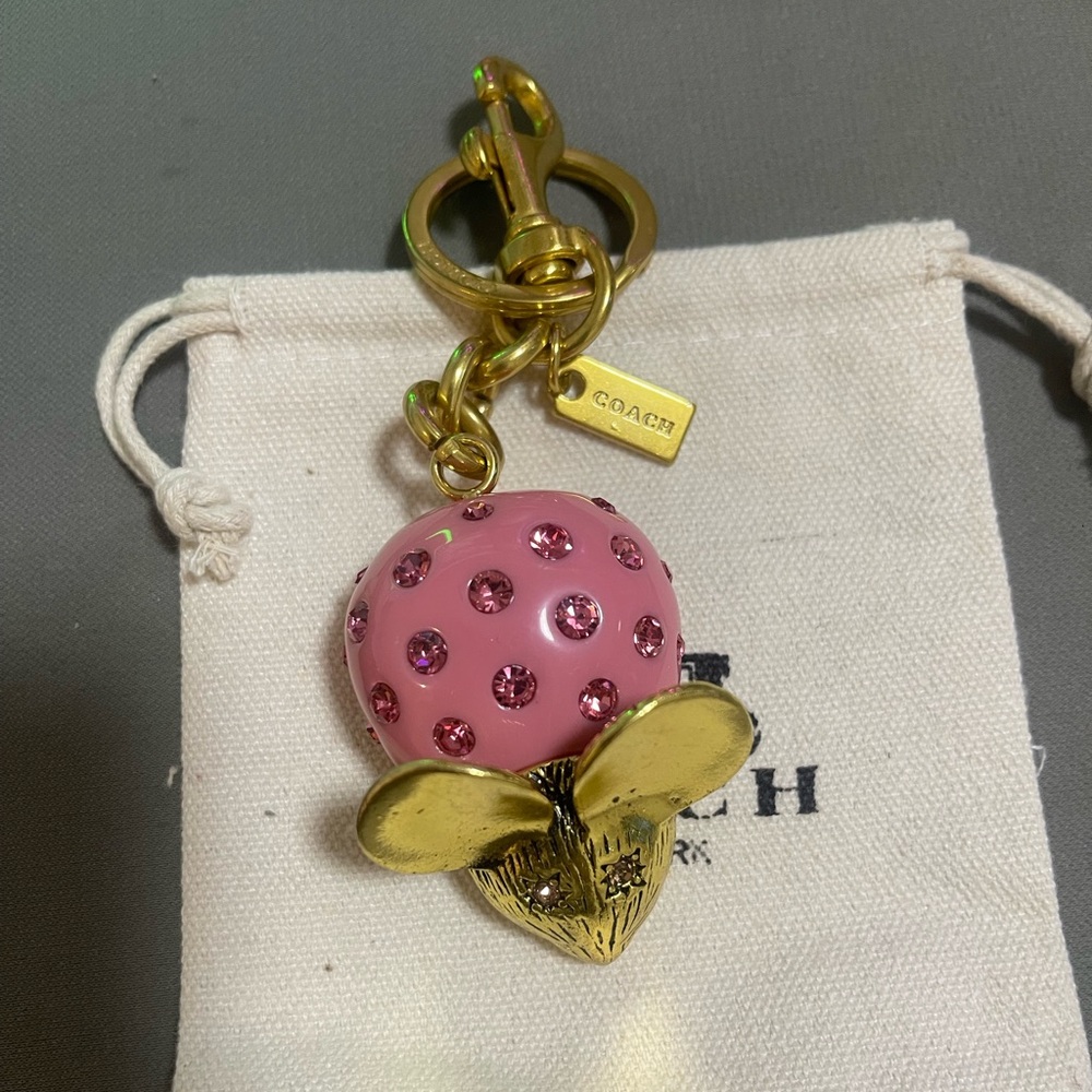 Coach Pink Crystal Strawberry Key Charm with Gold-Tone Hardware